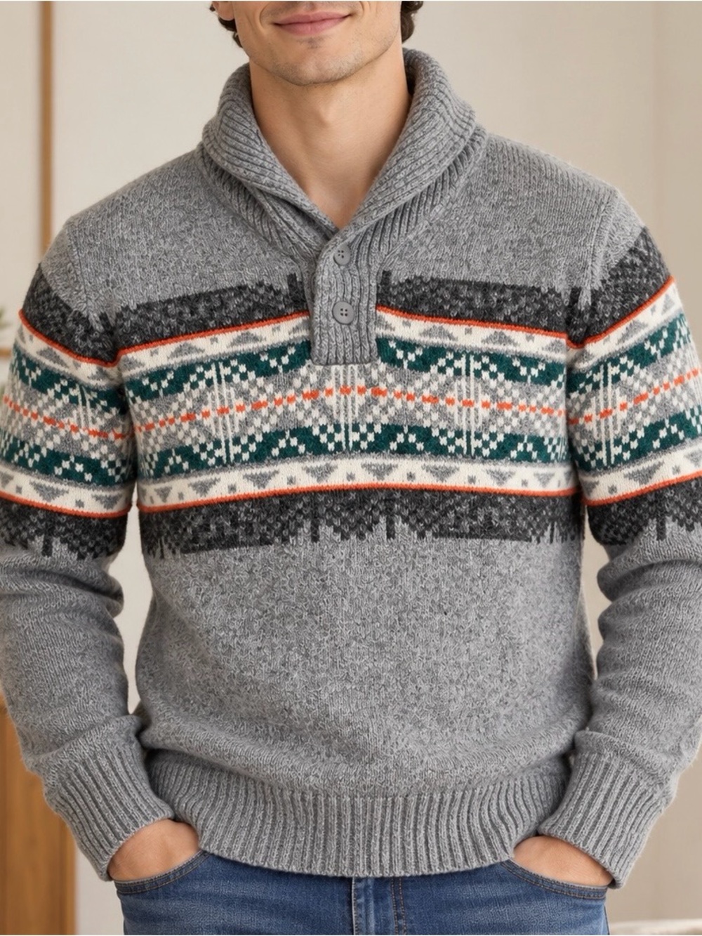 American Eagle Men’s Gray Fair Isle Shawl Collar Sweater Size S